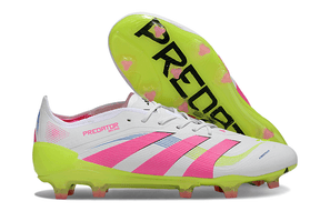 Chuteira Adidas Predator Elite FG - Branca, Rosa e Amarela com solado vibrante.