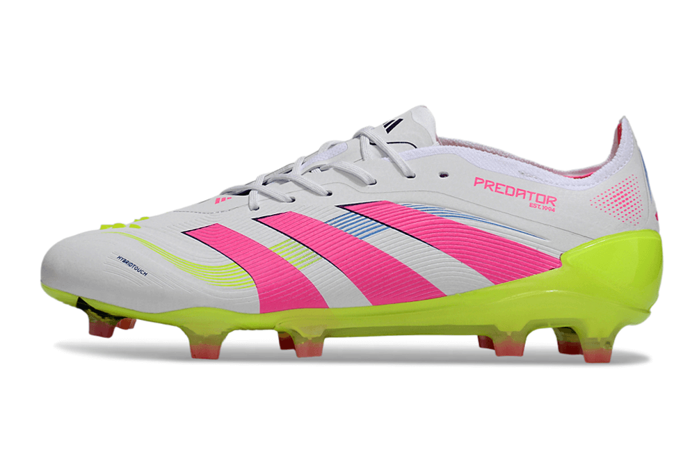 Chuteira Adidas Predator Elite FG - Branca, Rosa e Amarela lado esquerdo com design vibrante e arrojado.