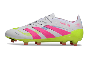 Chuteira Adidas Predator Elite FG - Branca, Rosa e Amarela lado esquerdo com design vibrante e arrojado.