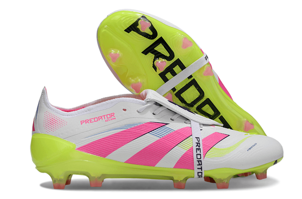 Chuteira Adidas Predator Elite FG Tongue Branca e Rosa com detalhes em rosa e solado amarelo