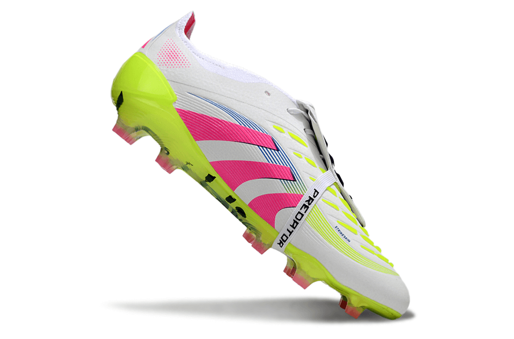 Chuteira Adidas Predator Elite FG Tongue Branca e Rosa em destaque com detalhes em amarelo e pink.