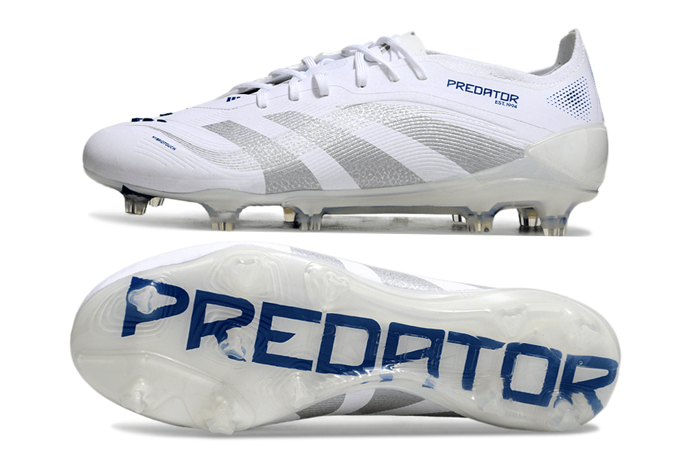 Chuteira Adidas Predator Elite FG - Branca lateral e sola com tecnologia de ponta para controle na prática esportiva.
