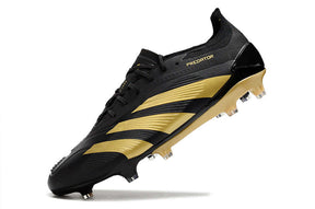 Chuteira Adidas Predator Elite FG - Dourada e Preta com design luxuoso e tecnologia de ponta para desempenho em campo.