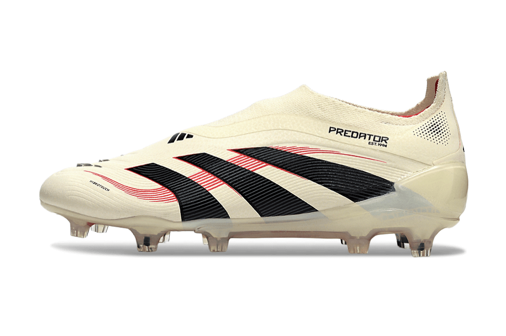 Chuteira Adidas Predator Elite FG Laceless Bege e Preta lateral com design sofisticado e tecnologia avançada.