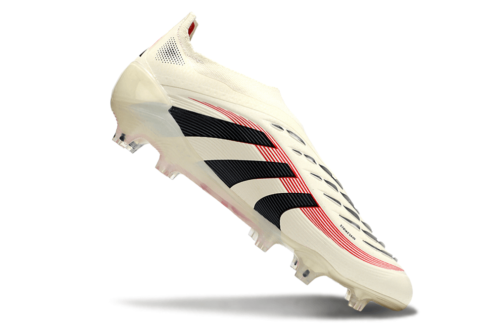 Chuteira Adidas Predator Elite FG Laceless Bege e Preta com design inovador e tecnologia de ponta.