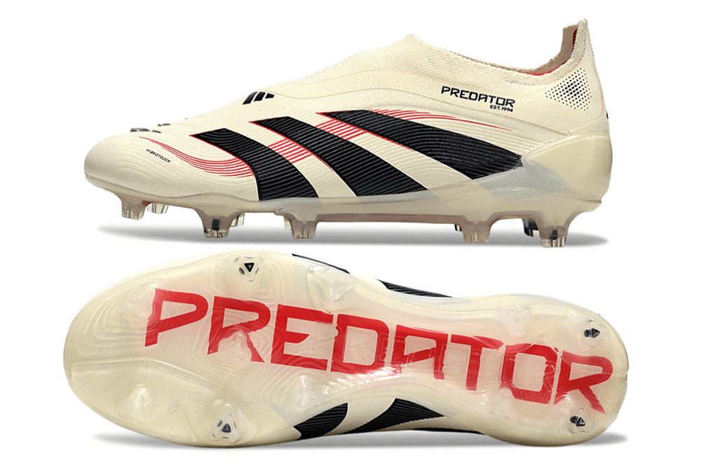 Chuteira Adidas Predator Elite FG Laceless Bege e Preta vista lateral e inferior com design inovador.