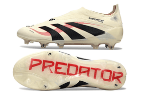 Chuteira Adidas Predator Elite FG Laceless Bege e Preta vista lateral e inferior com design inovador.