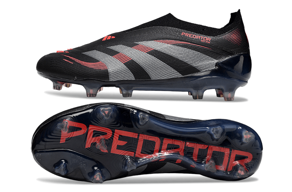 Chuteira Adidas Predator Elite FG Laceless - Preta e Vermelha, design arrojado e tecnologia de ponta para desempenho no campo.