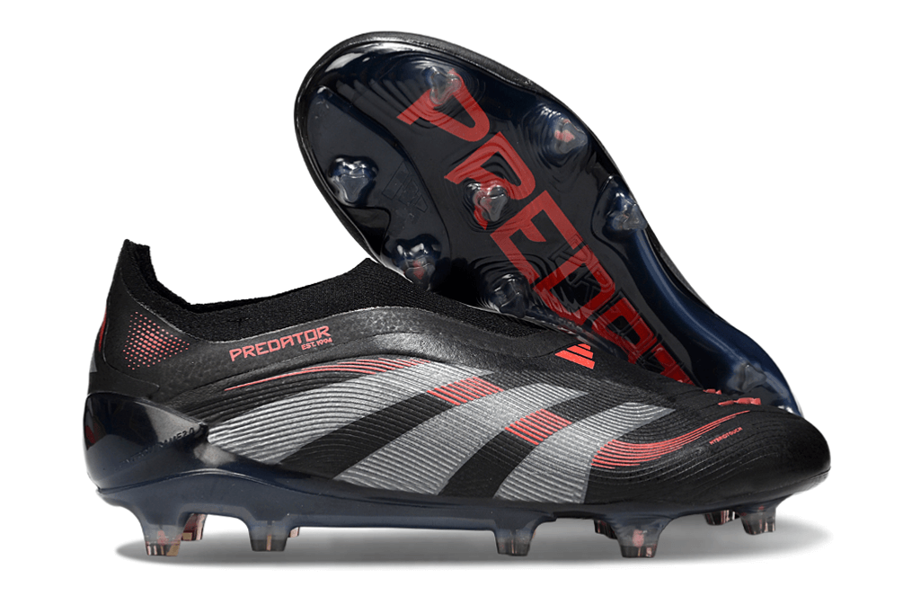 Chuteira Adidas Predator Elite FG Laceless - Preta e Vermelha em destaque, mostrando design moderno e tecnologia avançada.