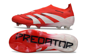 Chuteira Adidas Predator Elite FG Laceless - Vermelha e Branca, design arrojado e sem cadarço para performance em campo.