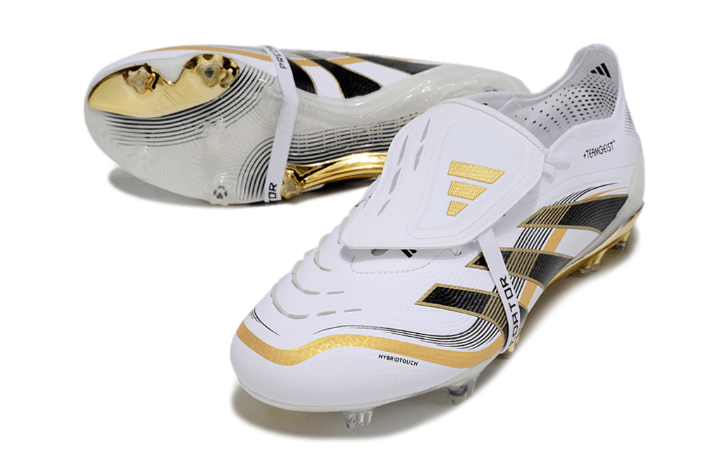Chuteira Adidas Predator Elite FG Tongue Branca e Dourada "Teamgeist" com design icônico e detalhes dourados.