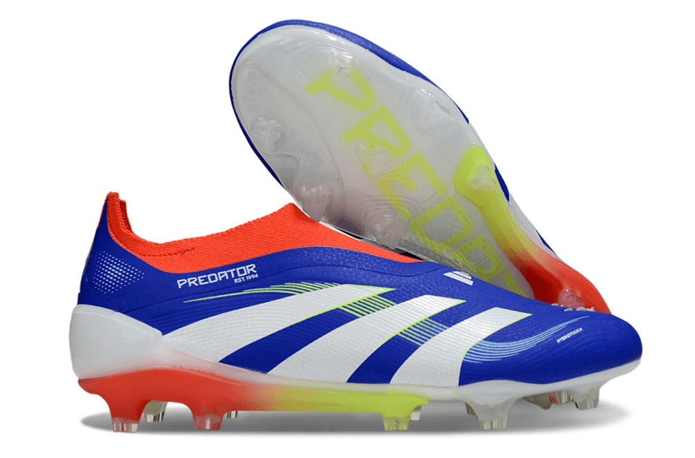 Chuteira Adidas Predator Elite FG LL - Azul, Vermelha e Amarela com design vibrante e ousado