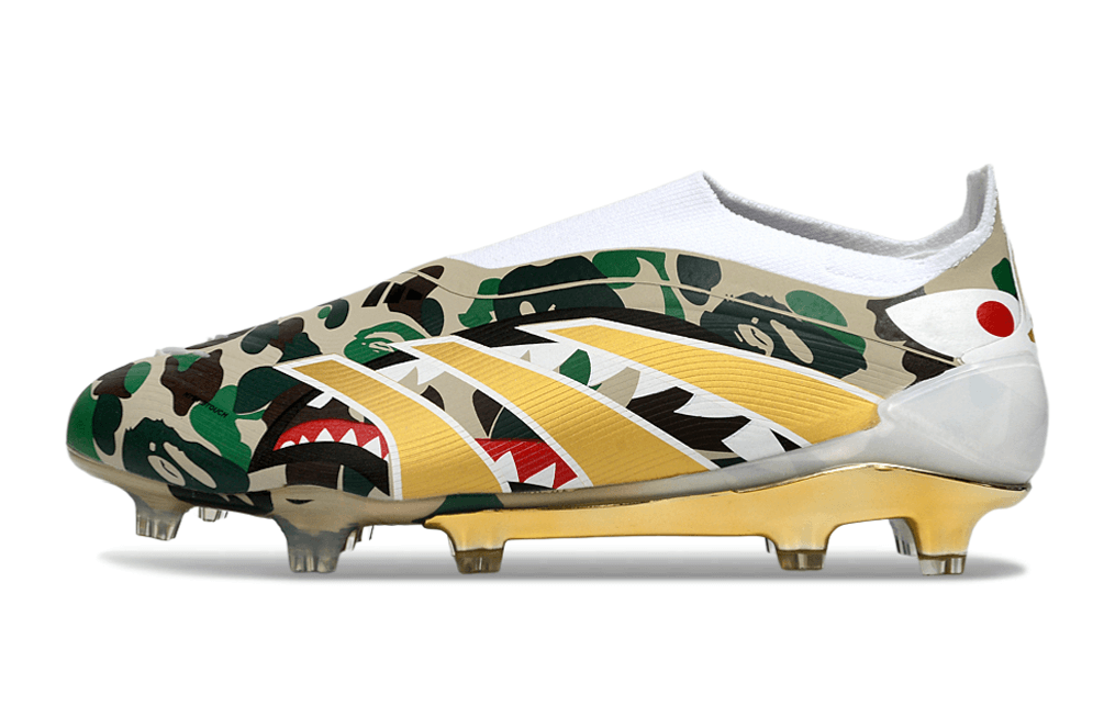 Chuteira Adidas Predator Elite FG LL - Ed. "Bape" com design camuflado e detalhes exclusivos.