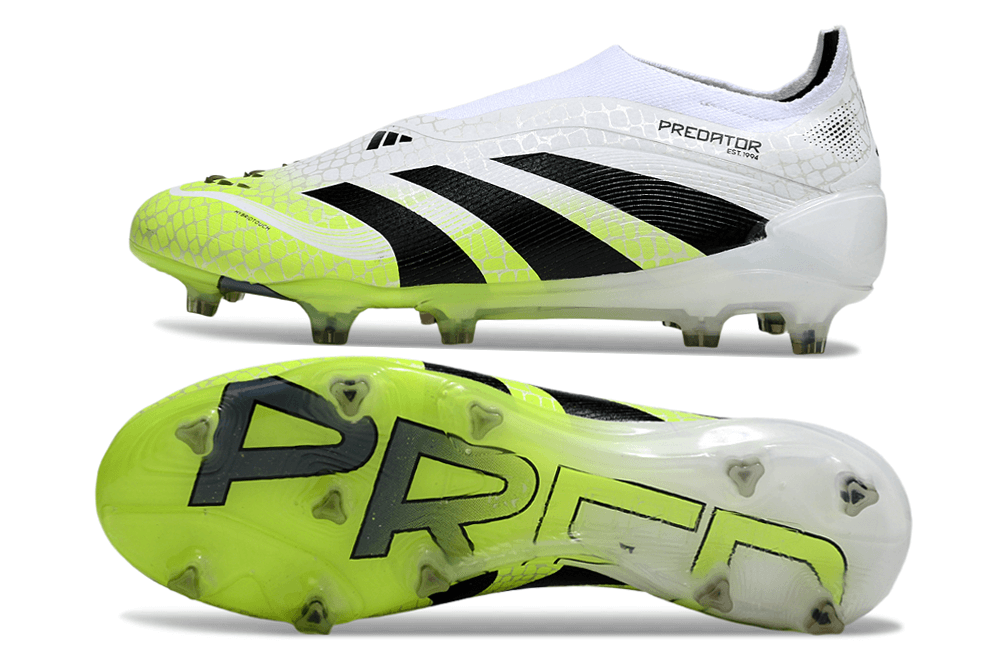 Chuteira Adidas Predator Elite FG LL - Branca e Amarela, design vibrante e tecnologia avançada para desempenho em campo.