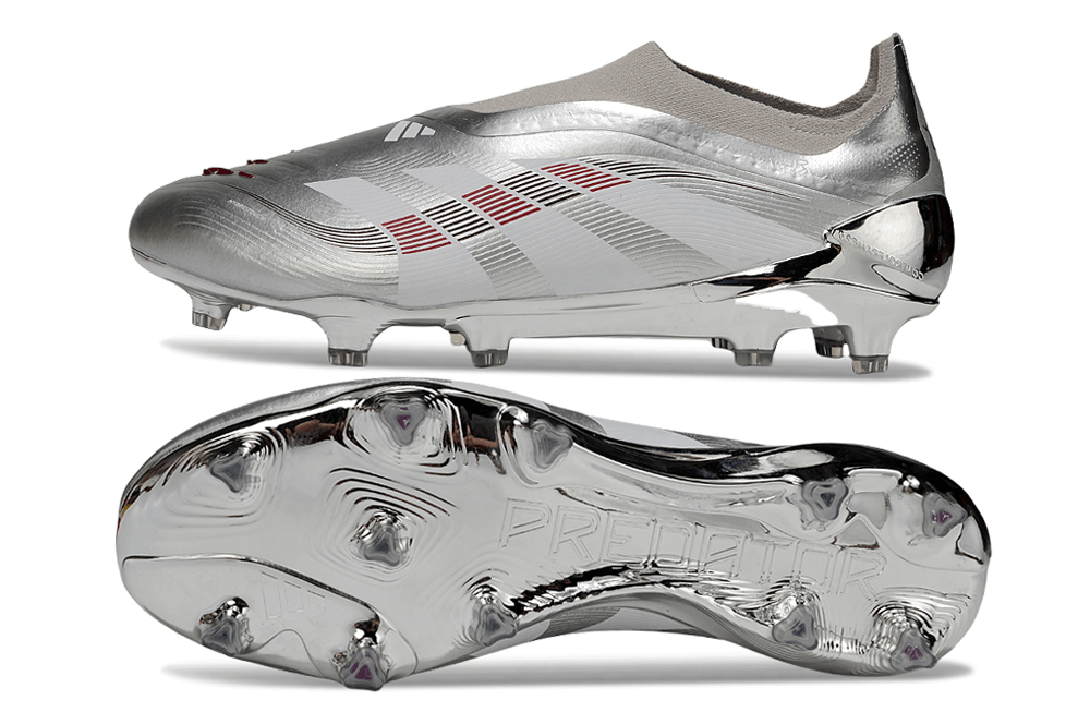 Chuteira Adidas Predator Elite FG LL - Prateada Ed. "Bellingham" vista lateral e inferior em prateado, design exclusivo para performance.