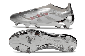 Chuteira Adidas Predator Elite FG LL - Prateada Ed. "Bellingham" vista lateral e inferior em prateado, design exclusivo para performance.