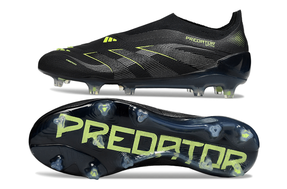 Chuteira Adidas Predator Elite FG LL - Preta e Amarela vista lateral e inferior com design moderno.