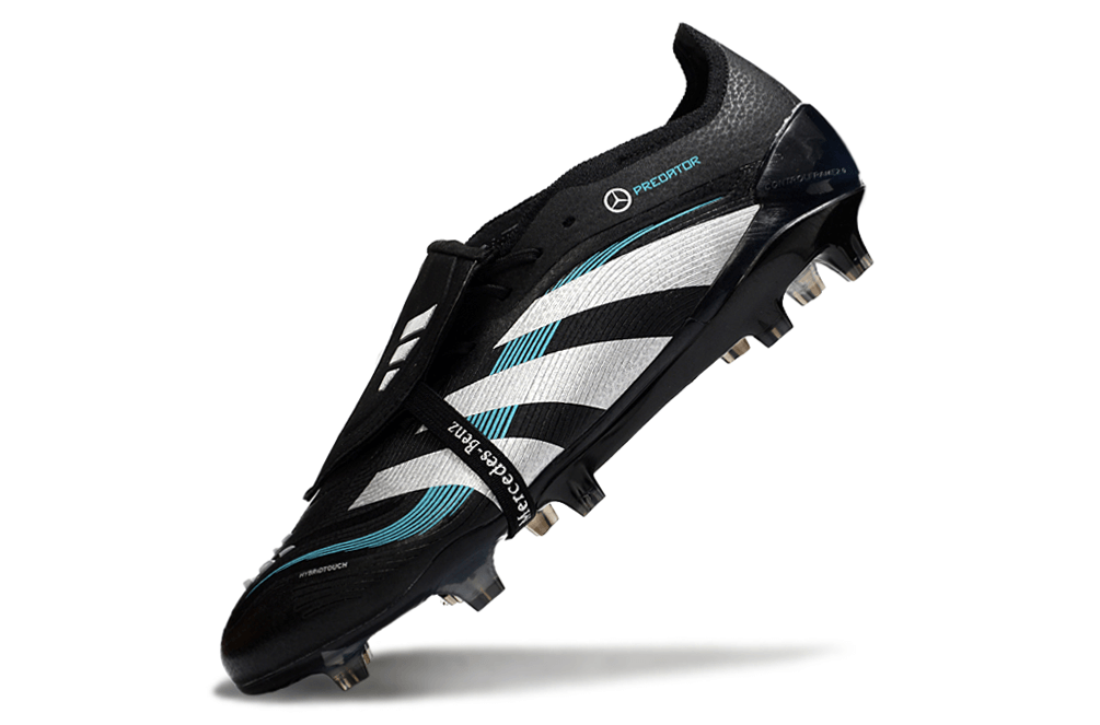 Chuteira Adidas Predator Elite FG Tongue Ed. "Mercedes" em design preto e branco premium.