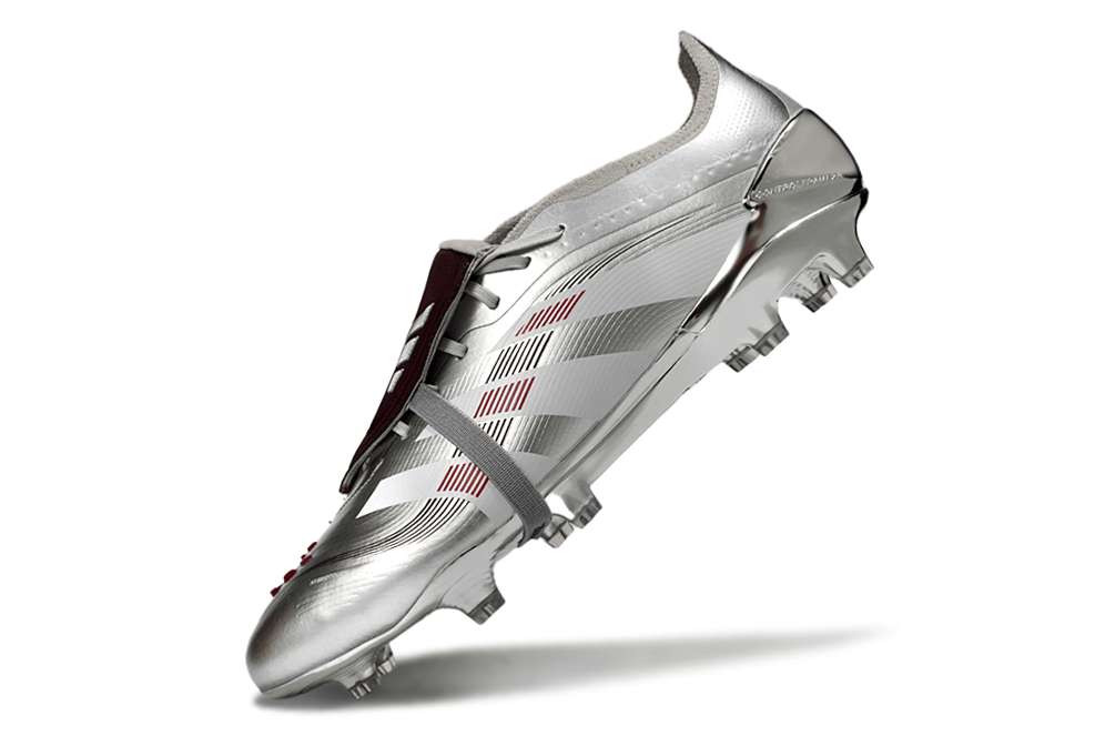 Chuteira Adidas Predator Elite FG Tongue Prateada Ed. "Bellingham" em prata, destacando design e tecnologia de performance.