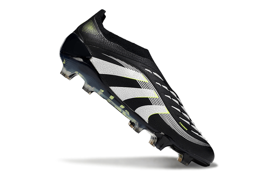 Chuteira Adidas Predator Elite FG - Preta e Amarela apresentada em ângulo lateral, destacando seu design moderno e tecnologia avançada.