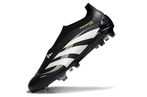 Chuteira Adidas Predator Elite FG - Preta e Amarela em ângulo, destacando design arrojado e tecnologia de ponta.