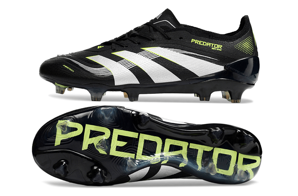 Chuteira Adidas Predator Elite FG - Preta e Amarela com design inovador, controle e precisão para jogadores de futebol.