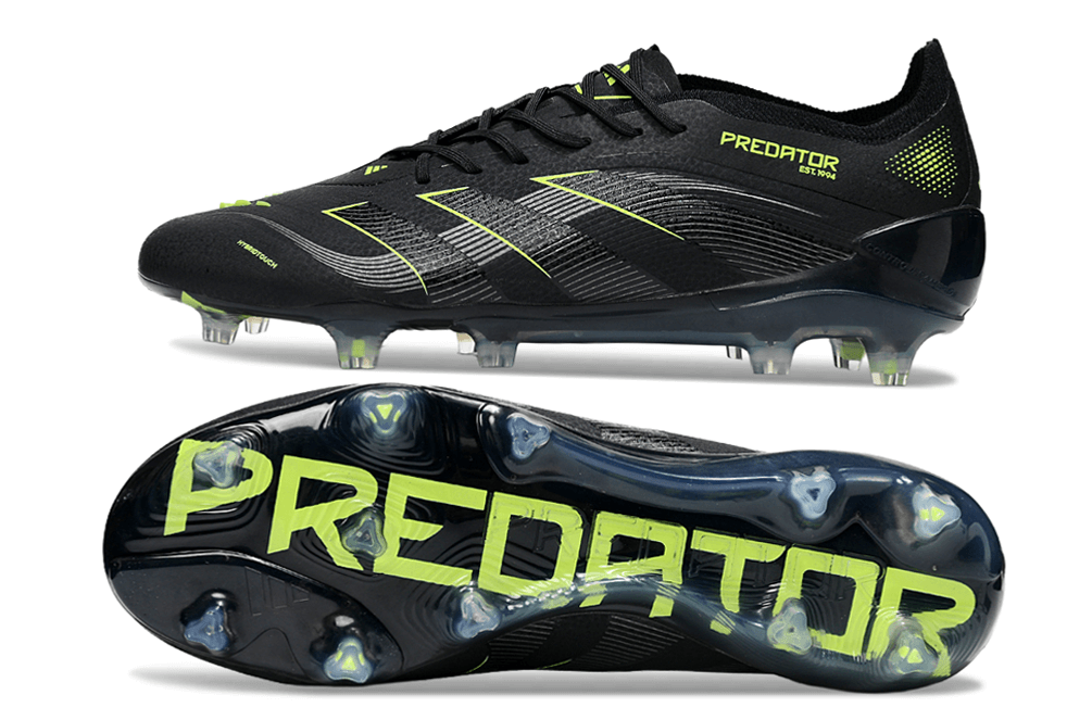 Chuteira Adidas Predator Elite FG - Preta e Amarela com design inovador e sola destacável.