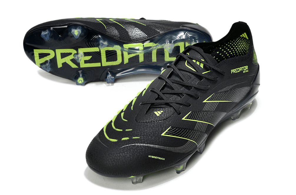 Chuteira Adidas Predator Elite FG - Preta e Amarela com design em preto e amarelo, ideal para performance em campo.