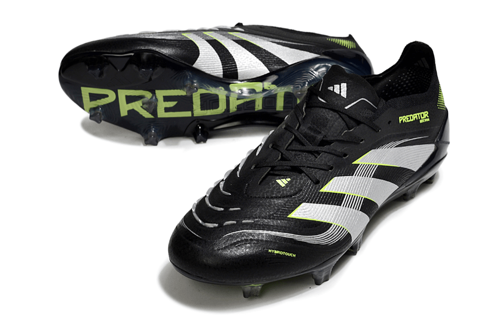 Chuteira Adidas Predator Elite FG - Preta e Amarela com design icônico e tecnologia avançada, perfeitas para controle no campo.