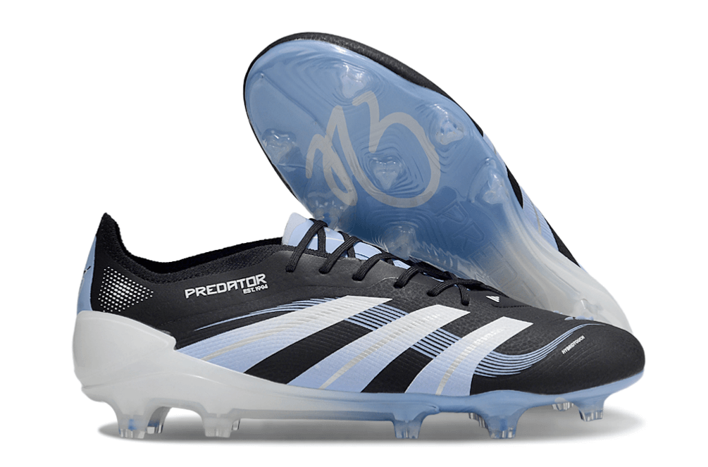 Chuteira Adidas Predator Elite FG - Preta e Azul Ed. "Bellingham" com design inovador para desempenho em campo.