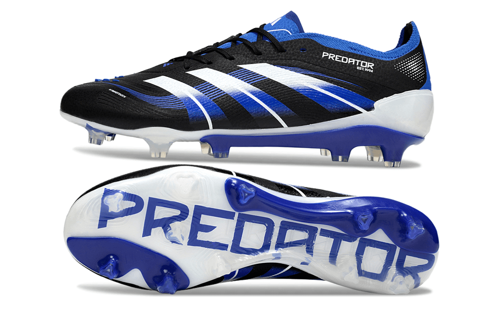 Chuteira Adidas Predator Elite FG - Preta e Azul com design moderno e tecnologia de controle de bola.
