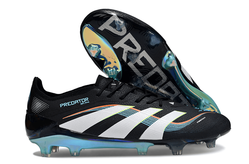 Chuteira Adidas Predator Elite FG - Preta e Azul, com design moderno e tecnologia de controle de bola.