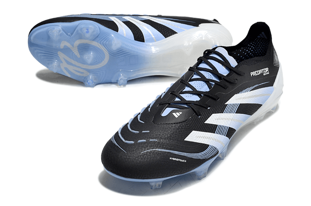 Chuteira Adidas Predator Elite FG - Preta e Azul Ed. "Bellingham" em destaque com design sofisticado.