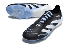 Chuteira Adidas Predator Elite FG - Preta e Azul Ed. "Bellingham" em destaque com design sofisticado.