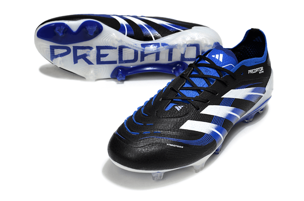 Chuteira Adidas Predator Elite FG - Preta e Azul com design icônico e tecnologia de controle para futebol.