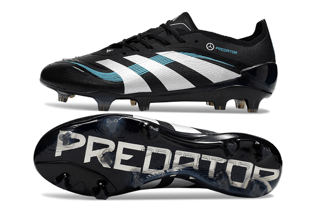 Chuteira Adidas Predator Elite FG - Preta e Branca Ed. "Mercedes" com design sofisticado e tecnologia de controle.