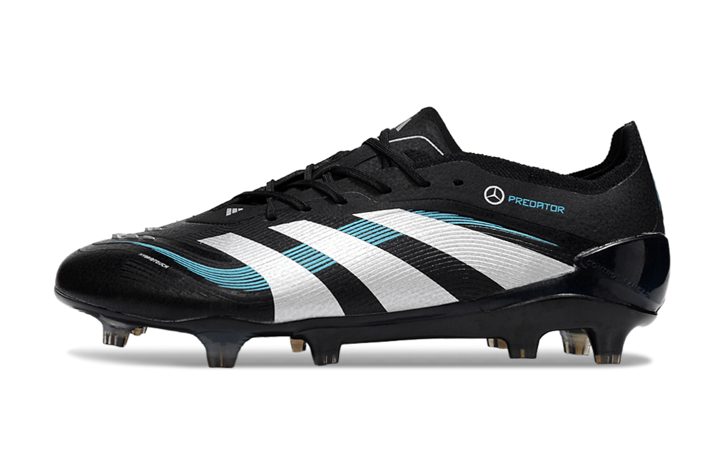 Chuteira Adidas Predator Elite FG - Preta e Branca Ed. "Mercedes" com design elegante e moderno.