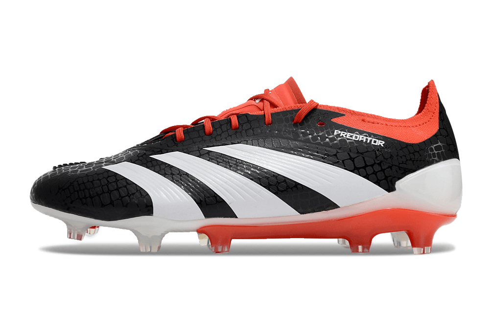 Chuteira Adidas Predator Elite FG - Preta, Branca e Laranja com design tricolor vibrante e tecnologia de ponta.