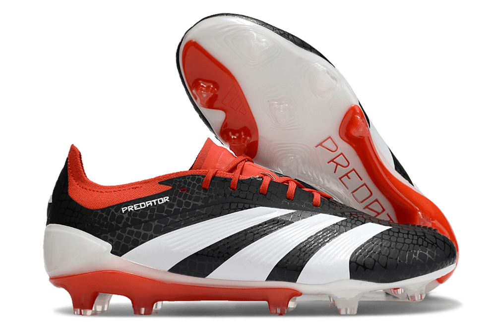 Chuteira Adidas Predator Elite FG - Preta, Branca e Laranja em destaque com design moderno e tricolor vibrante.