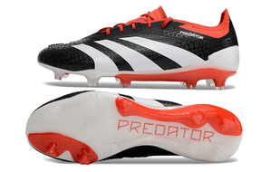 Chuteira Adidas Predator Elite FG - Preta, Branca e Laranja com design vibrante e tecnologia de ponta.