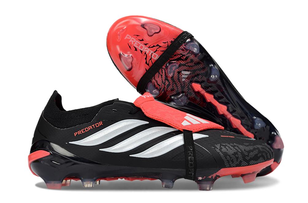 Chuteira Adidas Predator Elite FG 26 - Preta e Branca com detalhes em vermelho e sola feita para controle otimizado.