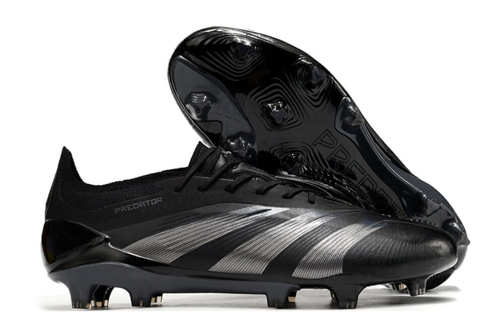 Chuteira Adidas Predator Elite FG - Preta, design clássico em preto com detalhes em cinza, ideal para gramados naturais.