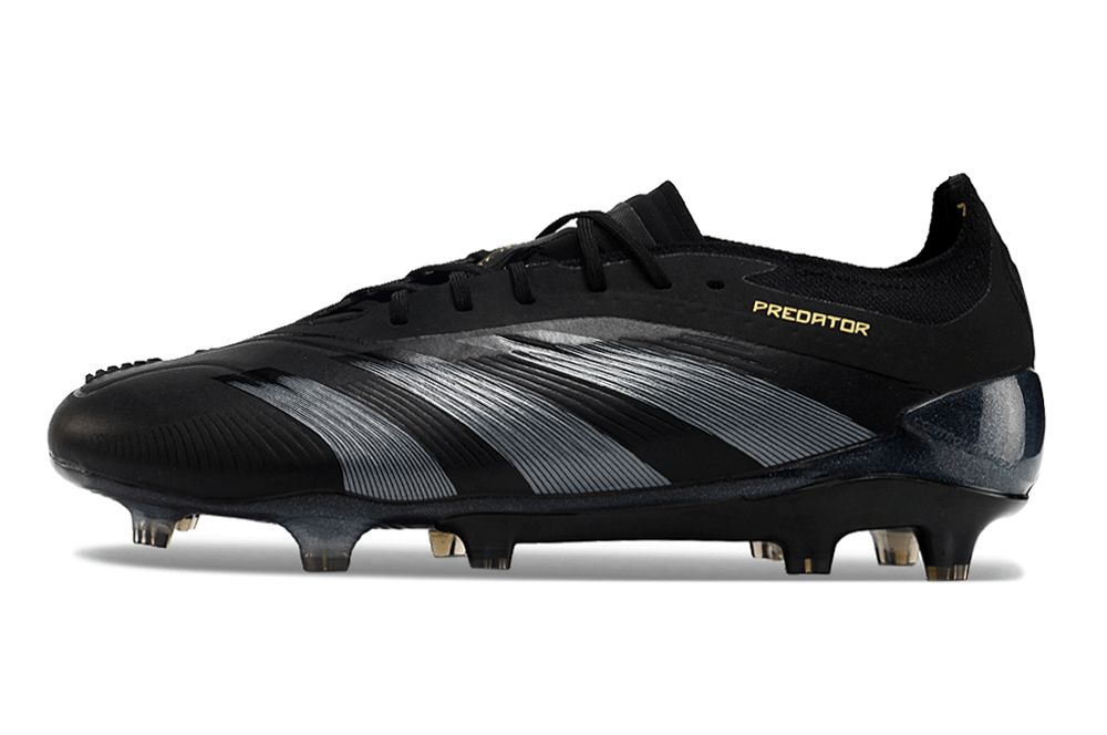 Chuteira Adidas Predator Elite FG - Preta com design preto e detalhes em cinza, ideal para desempenho em campo.