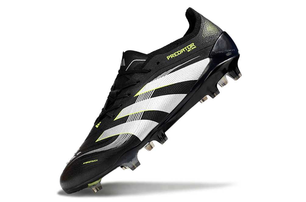 Chuteira Adidas Predator Elite FG - Preta e Amarela com tecnologia inovadora para controle e precisão no futebol.