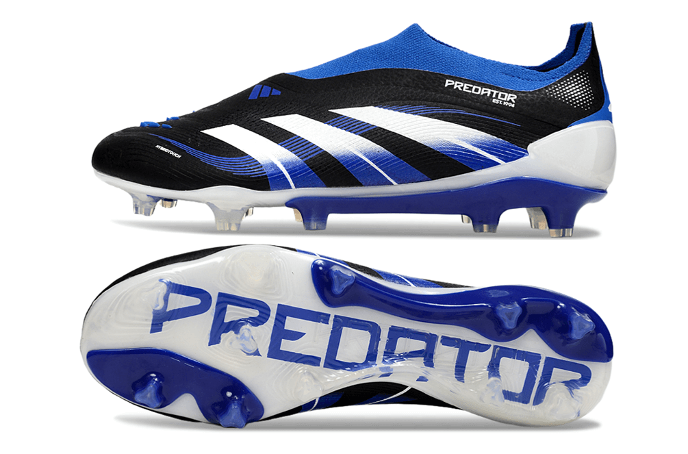 Chuteira Adidas Predator Elite FG - Preta e Azul com design moderno e sola projetada para desempenho em campo.