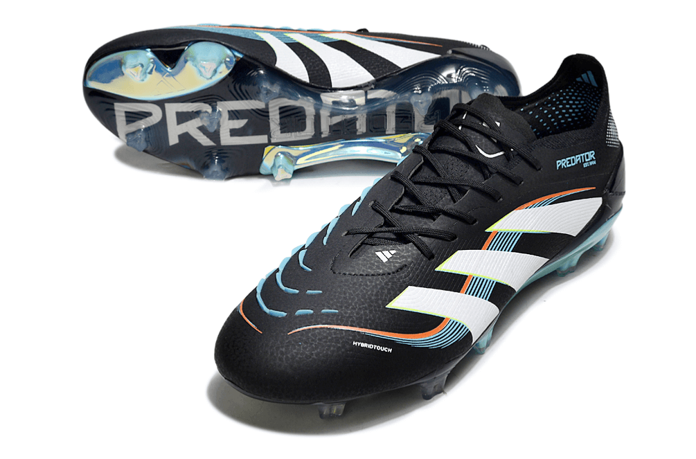 Chuteira Adidas Predator Elite FG - Preta e Azul em destaque, mostrando design e tecnologia avançada para controle no campo.