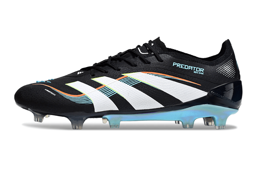 Chuteira Adidas Predator Elite FG - Preta e Azul com design moderno e tecnologia avançada para controle do jogo.