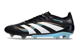 Chuteira Adidas Predator Elite FG - Preta e Azul com design moderno e tecnologia avançada para controle do jogo.