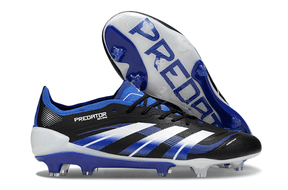 Chuteira Adidas Predator Elite FG - Preta e Azul com design icônico e tecnologia avançada em campo.