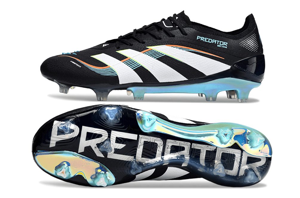 Chuteira Adidas Predator Elite FG - Preta e Azul com design moderno e tecnologias avançadas para controle no campo.